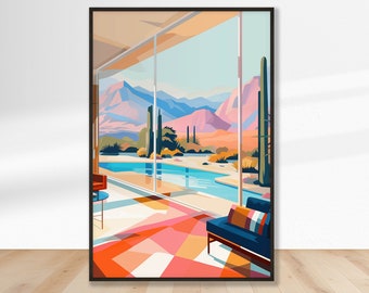 Mid-Century Modern Palm Springs Living Room Digital Art Print - Instant Download