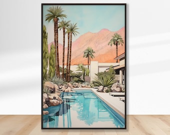 Mid-Century Modern Palm Springs Pool Art Print | Retro Home Decor Wall Art | Vintage Desert Landscape Poster | Unique Housewarming Gift