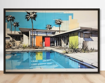 Mid Century Decor, Retro Palm Pool Design, Digital Art Print, Instant Download, Gift for Architect, Palm Springs Print, Retro Pool Art