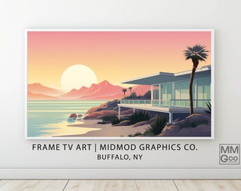 Samsung Frame TV Art, Mid Century Modern Beach House Digital Download, Instant Coastal Sunset Decor, Vintage Style Palm View, Retro Art