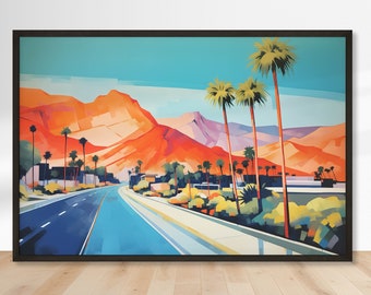 Mid Century Art, Retro Palm Springs Street Scene, Digital Art Print, Instant Download, Palm Springs Print