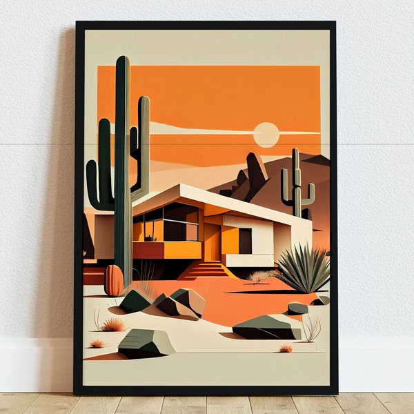 Mid Century Modern Desert Ranch House Téléchargement numérique Art | Décoration murale minimaliste pour la maison et le bureau | Lignes épurées, tons chauds, style vintage