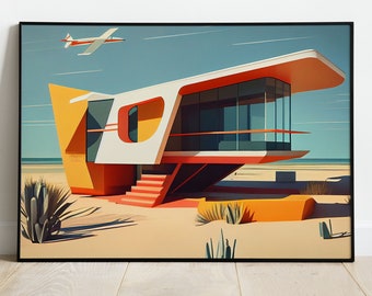 Mid Century Modern Aviation-geïnspireerd strandhuis, vliegtuigontwerpelementen, kustmuurdecor, afdrukbare kunstwerken, Instant Download