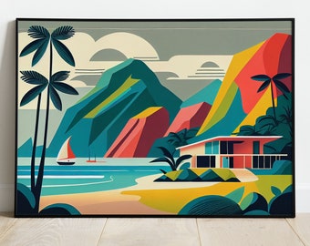Mid Century Modern Hanalei Bay Vibes, Tropical Kauai Home, Island-Inspired Kids Wall Decor, Architecture, Printable Art, Instant Download