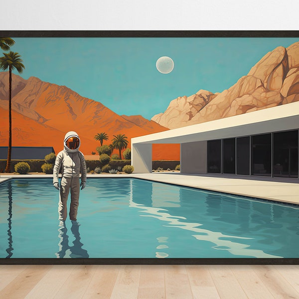 Arte de la escena de la piscina del astronauta, impresión digital moderna de mediados de siglo, decoración espacial retro, descarga instantánea, escena de agua MCM, arte de la pared espacial vintage