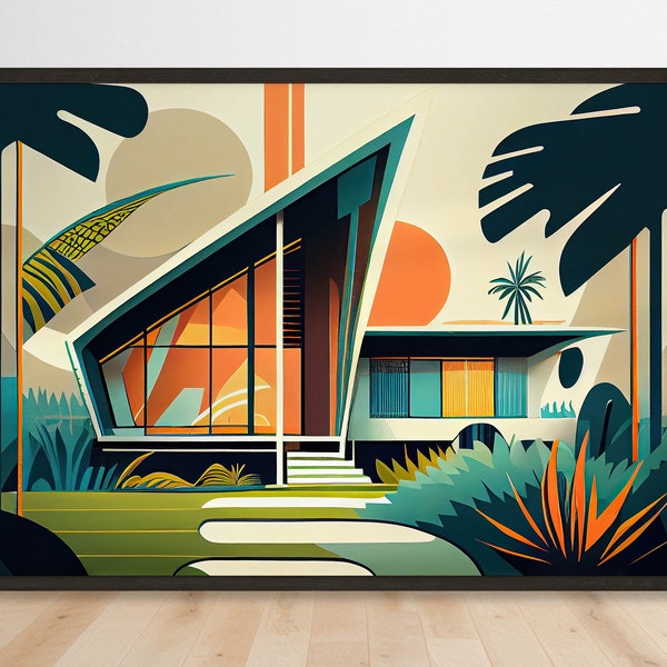 Mid Century Modern Retro Kunst | Hawaiianisches Space Age Zuhause inspiriert | Klare Linien, geometrische Formen | Gewagte Farben | Sofortdownload | Druckbar