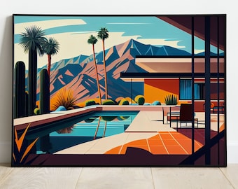Arte retro del patio junto a la piscina, decoración al aire libre moderna de mediados de siglo, descarga instantánea, impresión de piscina vintage, diseño de área de salón, vibraciones de verano