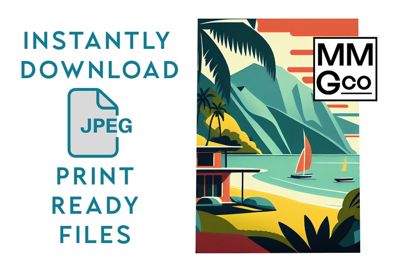 Hanalei Bay Art Print Mid Century Modern Beach Decor Instant Etsy