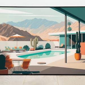 Palm Springs Pastel Pool Art: Digital Download, Instant Wall Decor, Mid-Century Modern Design, Soothing Tones, Refreshing Home Makeover