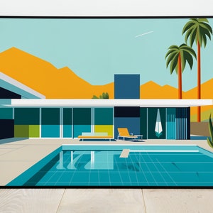 Könnte beinhalten: Eine minimalistische Illustration eines modernen Hauses mit einem Swimmingpool, Palmen und einem Gebirge im Hintergrund. Das Haus ist weiß mit blauen Akzenten und der Pool ist in einem leuchtenden Türkis gehalten.