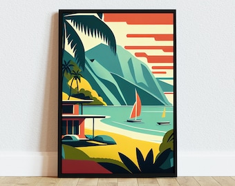 Hanalei Bay Art Print, Mid Century Modern Beach Decor, Instant Download, Vintage Hawaiian Wall Art, Tropical Kauai Landscape, Surf Vibes