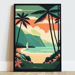 Mid Century Modern Hanalei Bay Art, Vintage Beach Print, Digital Download, Hawaiian Tropical Wall Decor, Retro Surf Poster, Kauai Seascape