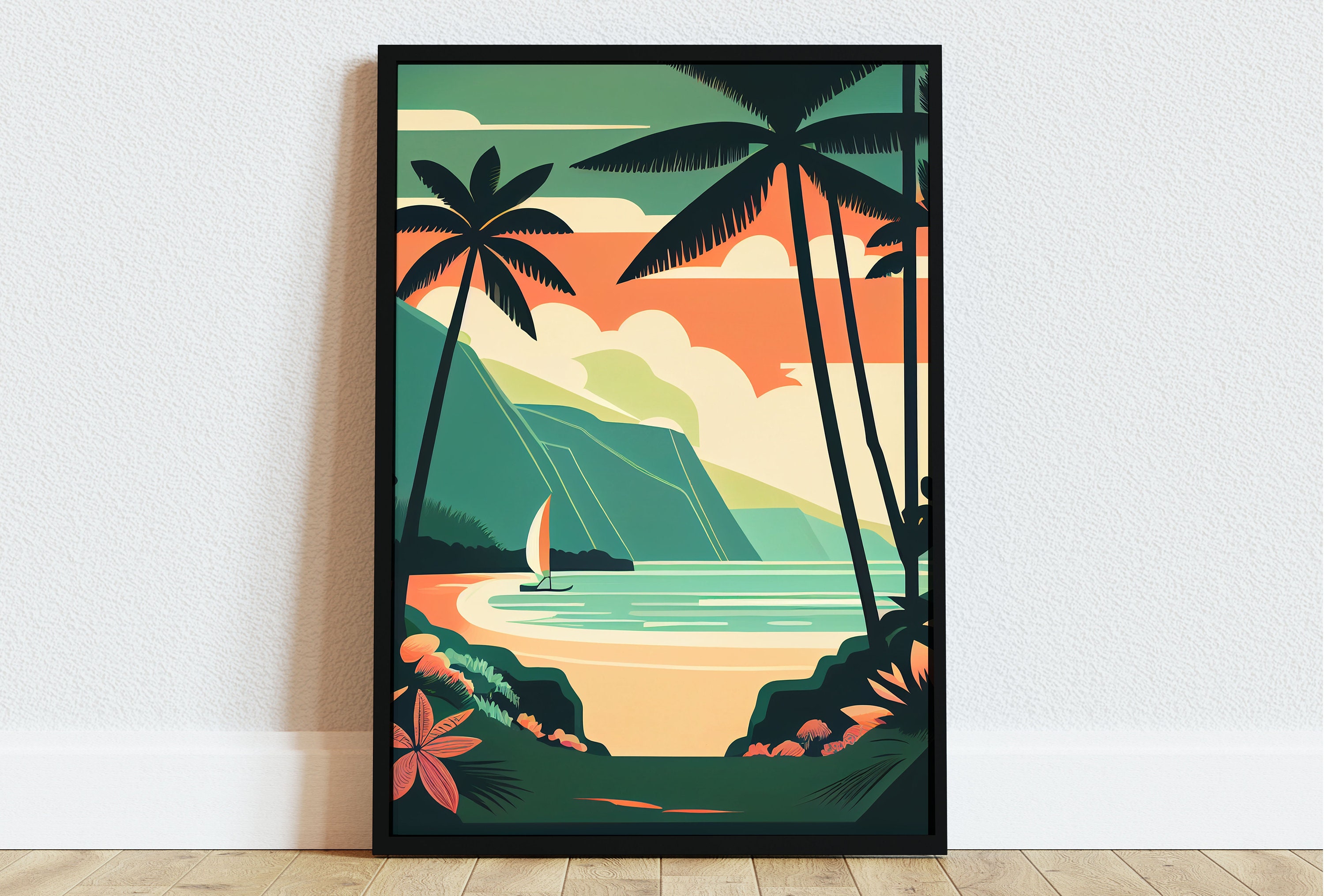 Mid Century Modern Hanalei Bay Art, Vintage Beach Print, Digital Download, Hawaiian Tropical Wall Decor, Retro Surf Poster, Kauai Seascape