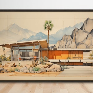 Desert Mid-Century Modern Home Art - Architectural Illustration Print - Retro House Elevation Download - Vintage Palm Desert Design