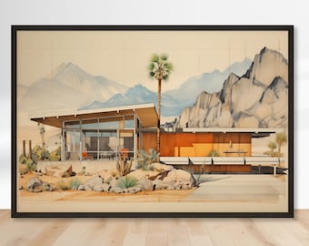 Desert Mid-Century Modern Home Art - Architectural Illustration Print - Retro House Elevation Download - Vintage Palm Desert Design