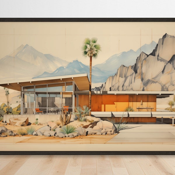 Desert Mid-Century Modern Home Art - Architectural Illustration Print - Retro House Elevation Download - Vintage Palm Desert Design