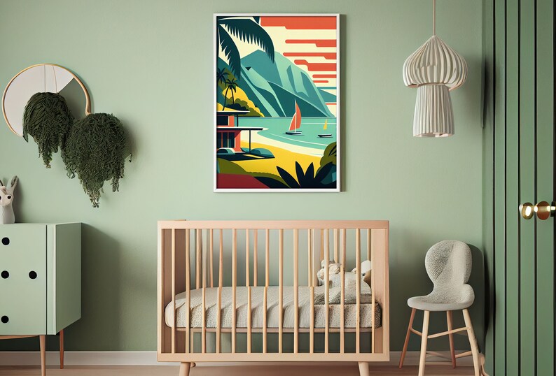 Hanalei Bay Art Print Mid Century Modern Beach Decor Instant Etsy