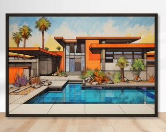 Mid Century Modern Home Art, Instant Download Print, Architectural Illustration, Modern Home Decor, Digital Download, 60s Retro Style