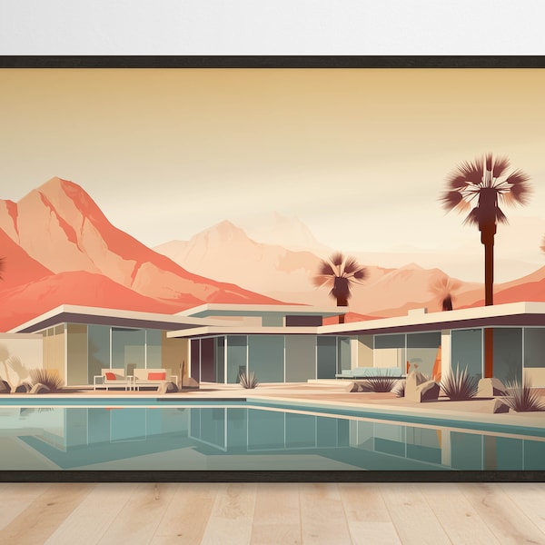 Palm Springs Pastel Pool Art: Digital Download, Instant Wall Decor, Mid-Century Modern Design, Soothing Tones, Refreshing Home Makeover