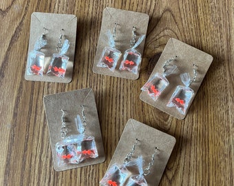 Goldfish in a Bag Earrings One Fish Two Fish Red Fish Blue Fish Earrings Finding Nemo Resin Carnival Game Earring Fair Fishing Games