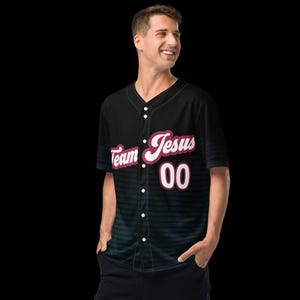 TEAM JESUS Christian Black Baseball Jersey, 100% Recycled Polyester, Sports Enthusiasts Gift, Holiday Apparel