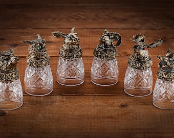 Handcrafted Bohemian Crystal Shot Glasses, Brass Forest Animal Heads, Colorful Stones, Perfect Gifts, Unique Custom Design, Gift for Father