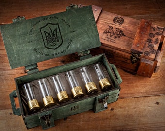6 Brass Shot Glasses in Wooden Box, Shot glasses placed in elegant military-style casings, Gift for Father, Husband, Friend, Coworker
