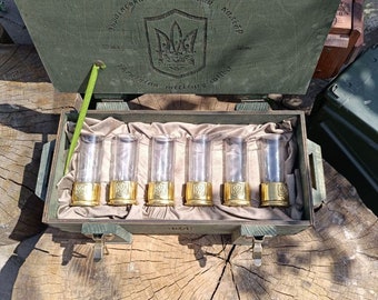 6 Brass Shot Glasses in Wooden Box, Shot glasses placed in elegant military-style casings, Gift for Father, Husband, Friend, Coworker