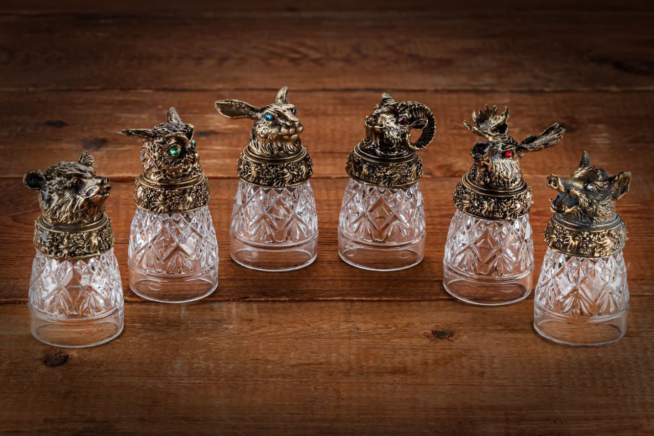 Handcrafted Bohemian Crystal Shot Glasses, Brass Forest Animal Heads, Colorful Stones, Perfect Gifts, Unique Custom Design, Gift for Father