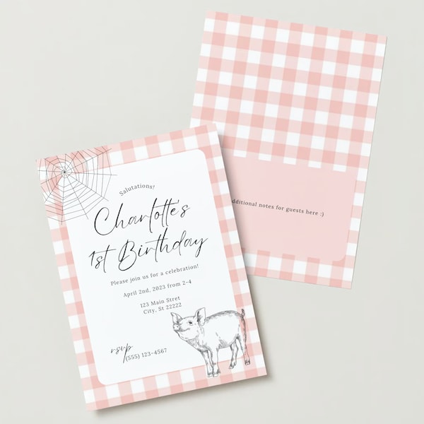 Charlotte's Web Birthday Invitation Template DIGITAL DOWNLOAD Cute Girl Birthday Party Theme