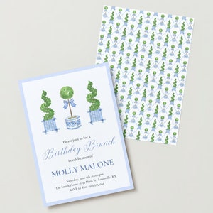 Birthday Brunch Invitation Template DIGITAL DOWNLOAD Grandmillenial, Blue and White, Topiary