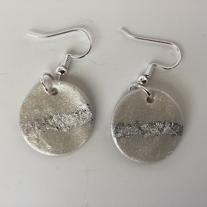 Pearl and Silver, Circle, Polymer Clay, Resin Coated, Dangle Earrings