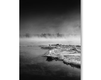 The calm and still St. Lawrence River winds through a winter landscape - Limited edition, signed and numbered.