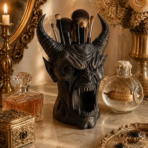 May include: A matte black desk organiser shaped like a horned demon head with an open mouth, containing several makeup brushes. The creature features prominent horns, pointed ears, and sharp fangs, serving as a functional container for tools.