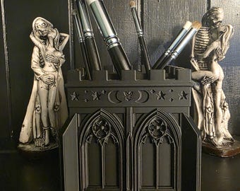 Portapennelli da trucco stile cattedrale gotica / Organizzatore da scrivania dark academia / Accessorio per la toeletta gotico / Decorazione stregonesca / Regalo stampato in 3D