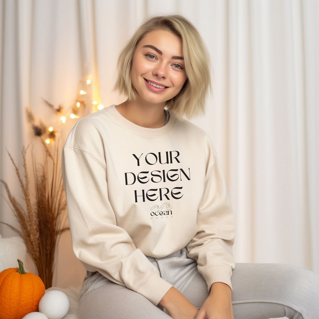 Gildan 18000 Sand Sweatshirt Mockup Model Mockup Trendy - Etsy