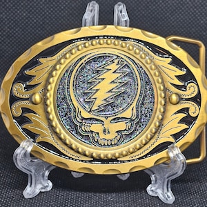 Grateful Dead "Dark Star" STEAL YOUR FACE Stealie Gold Tone Belt Buckle 3.25x2.25"