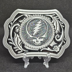 Grateful Dead "Dark Star" Stealie Steal Your Face y hebilla de cinturón plateada con rayo de 13 puntas (3.75x2.75
