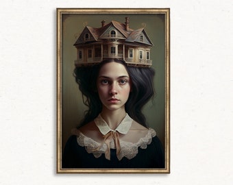 Feminine Whimsical Portrait Painting | Warm Wall Art | High-Quality Digital Download | Luxury Art Nouveau Style