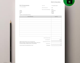 May include: A blank invoice template with the title "RECHNUNG" in bold, a date of November 7, 2024, and a space for a company name, address, and contact information. The invoice includes sections for description, amount, subtotal, tax rate, and total.