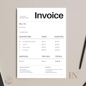 May include: Black and white invoice with the title "Invoice" at the top. The invoice lists the name "Sina Sinner" as the bill to, with a phone number and a list of services and prices. The total amount due is $3360.00.