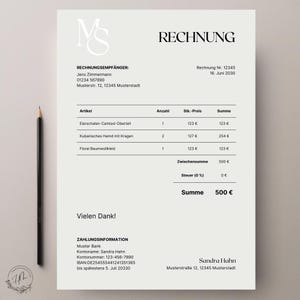 May include: A black and white invoice with the text "RECHNUNG" at the top. The invoice lists items, quantities, prices, and a total amount of 500 euros. The invoice is for Sandra Hahn, Musterstraße 12, 12345 Musterstadt.