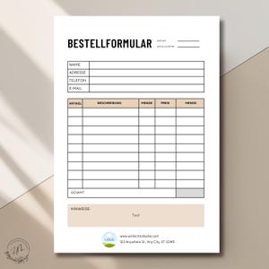 Könnte beinhalten: Ein weißes Bestellformular mit dem Titel "BESTELLFORMULAR" in schwarzer Schrift. Das Formular enthält Felder für Name, Adresse, Telefonnummer, E-Mail, Artikel, Beschreibung, Menge, Preis und Gesamtbetrag. Das Formular enthält außerdem einen Abschnitt für Notizen und ein Logo mit der Website-Adresse und den Kontaktinformationen.