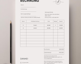 May include: A black and white invoice with the word "RECHNUNG" at the top. The document includes fields for date, invoice number, and recipient information. A pencil is on the left side of the document.