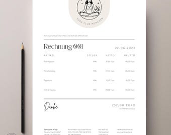 Puede incluir: Una ilustración en blanco y negro de una mujer en una postura de yoga con estrellas y hojas a su alrededor. El texto "Yoga Club München" está debajo de la ilustración. El número de factura "Rechnung 001" está en la parte superior de la página. La fecha de la factura es "22.06.2023". La factura enumera los siguientes artículos: Trainingsplan, Monatsbeitrag, Tagebuch, Online Zugang. El importe total es de "252,00 EURO".