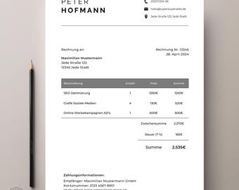 Fakturamall - Minimalistisk företagsfaktura, mall för småföretag, kundfaktura, redigerbar mall, servicefaktura