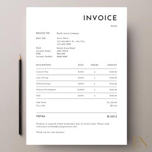 May include: A black and white invoice with the word "INVOICE" at the top. The invoice includes details such as "BILLED TO", "PAY TO", and a breakdown of services like "Content Plan" and "Website Design". A pencil is on the left.