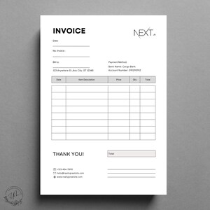 Peut inclure: Un modèle de facture noir et blanc avec le mot "INVOICE" en haut. Le modèle comprend des champs pour la date, le numéro de facture, la facturation à, le mode de paiement, la description de l'article, le prix, la quantité et le total. Le modèle comprend également des coordonnées en bas.