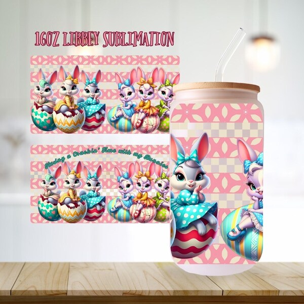 16oz Retro Western Easter Libbey Wrap, Coquette Pink Glassware Design, Retro Pattern Sublimation, Funny Pun, Cute Girl Bunnies PNG, Hair Bow