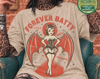 Retro Bat Girl Halloween PNG: Forever Batty Design (Digitaler Download)